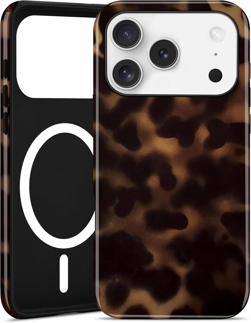 Jusy Compatible with MagSafe Brown Tortoise Shell Print Case for iPhone 17 Pro, Amber Trendy Luxury Magnetic Soft TPU and Hard PC Protective Phone Cover for Women Girls - Tortoise Shell
