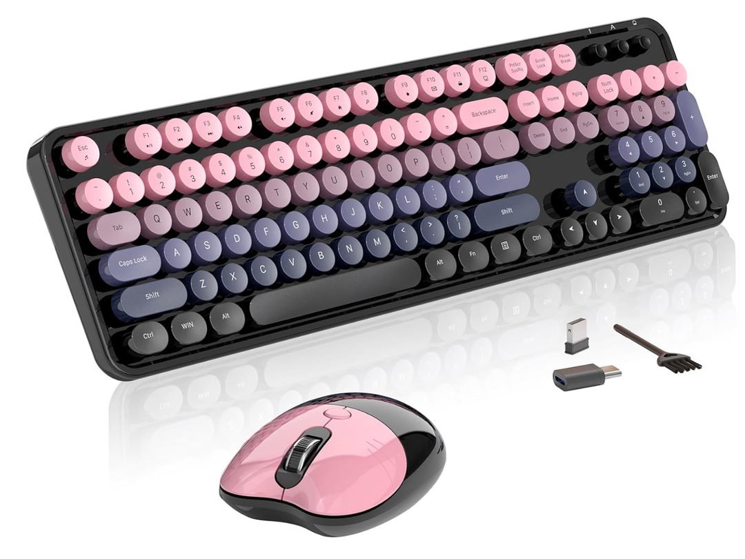 Wireless Keyboard and Mouse, MOFII 104 Round Keycaps Retro Typewriter with OTG & Brush, Full-Size Ergonomic, Ideal for Windows PC, Home, Office and College Peach Pink
