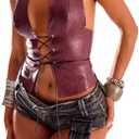 BEAUDRM Women's PU Leather Halter Tank Top Lace Up Front Crop Top Sleeveless Y2K Backless Top.M