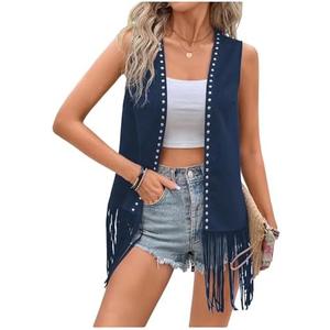 Verdusa Women's Fringe Vest Cardigan 70s Hippie Rivets Tassel Sleeveless Studded Jacket M