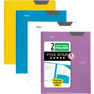 Five Star 2-Pocket Folder, 4 Pack, Plastic Folder with Stay-Put Tabs and Prong Fasteners, Holds 8-1/2" x 11" Paper, Tidewater Blue, White, Amethyst Purple, Harvest Yellow (38064)
