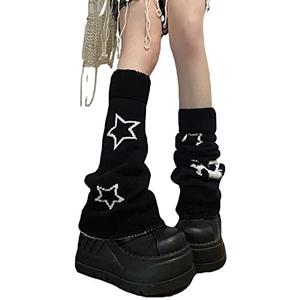 heyheyshine Y2k Star Skull Print Two Side Wear Knitted Leg Warmers Socks Punk Girls Japanese Kawaii Streetwear Leg Cover (Skull Star Flared, One Size)
