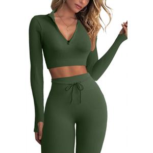 QINSEN Long Sleeve Workout Shirt for Women High Funnel Neck Crop Tops Tummy Control Leggings Fitted 2 Pieces Sets (Small, Y118 Army Green)