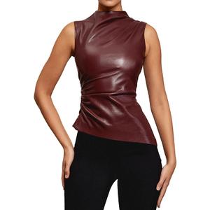CORIRESHA Women's Faux Leather Pleated Sleeveless Asymmetrical Mock Neck Slim Tank Top (Large, Wine Red)