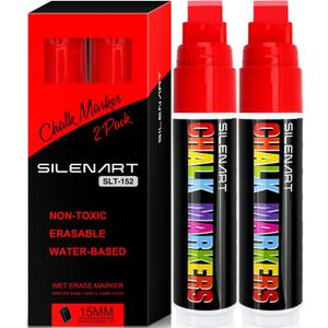 SILENART Thick Chalk Markers Red - 15mm Jumbo Tip Car Marker - Wide Window Chalk Pen for Chalkboard, Window, Glass, Mirror, Blackboard