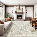 8x10 Area Rug for Living Rooms, Stain Resistant Neutral Washable Rugs for Dining Rooms, Floral Vintage Non-Slip Thin Large Size Area Rugs(Beige)