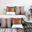 4 Packs Modern Decorative Couch Pillow Covers 18x18 Inch Brown Faux Leather Striped Accent Throw Pillow Covers for Sofa Living Room Bedroom Modern Farmhouse Decor