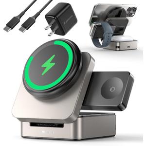 ZEEHOO 3-in-1 Foldable Magnetic Wireless Charging Station, Qi2 Certified 15W Travel Charger Stand Dock Wireless Charger for iPhone 17/16/15/14/13/12 Series, Apple Watch, AirPods (30W Adapter Included) (Gold)