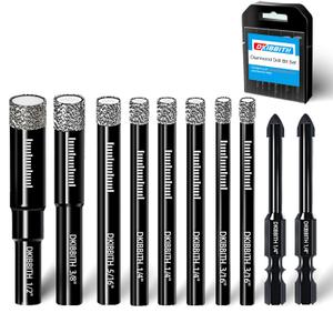 DKIBBITH 10 Pack Dry Diamond Drill Bits & Tile Drill Bit Set for Ceramic, Porcelain, Marble, Granite, Stone, Glass - Round Shank 3/16"(x2), 1/4"(x3), 5/16", 3/8", 1/2"+2Pack Masonry Drill Bits1/4