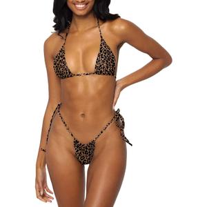 Women Halter String Bikini Set Sexy Thong Cheeky Two Piece Swimsuits Solid Color Bathing Swimwear (Small, Leopard Print Brown)