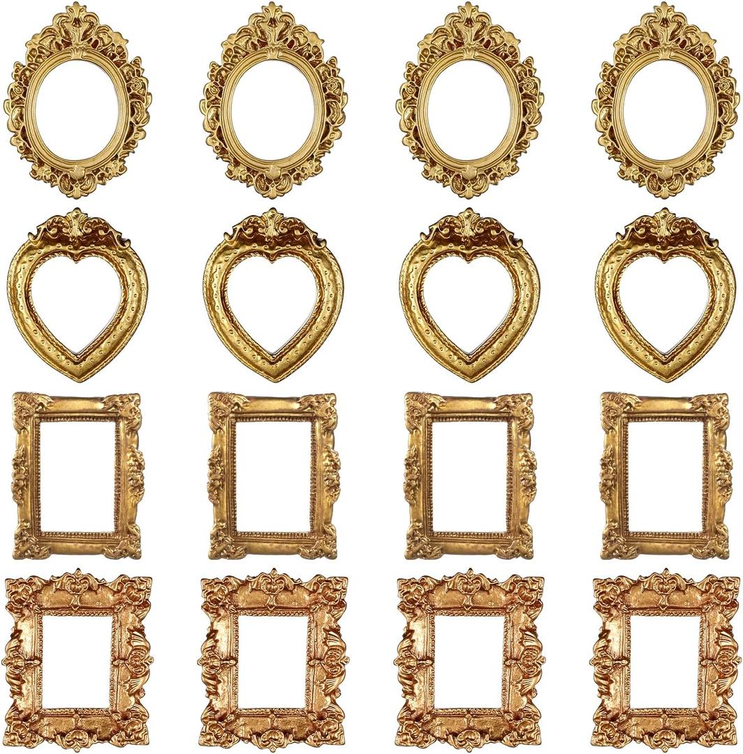 12 Pcs Vintage Mini Picture Frames Small Baroque Antique Resin Jewelry Frame Miniature Rectangle Display Table Wall Hanging Frames DIY Photo Holiday Party Wedding Decoration for Christmas (Gold)