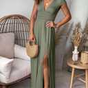 ANRABESS Women Summer Deep V Neck Short Sleeve Dresses Slit Elegant Wedding Guest Formal Cocktail Evening Maxi Long Dress (Green, L)