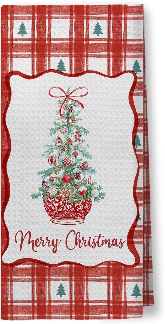 Red Chinoiserie Christmas Tree Kitchen Towels, Coquette Grandmillennial Bow Christmas Hand Towels for Bathroom, Preppy Red Bow Xmas Plaid Dish Tea Towel for Kitchen Decor, 16x24 Inch (Color 03)