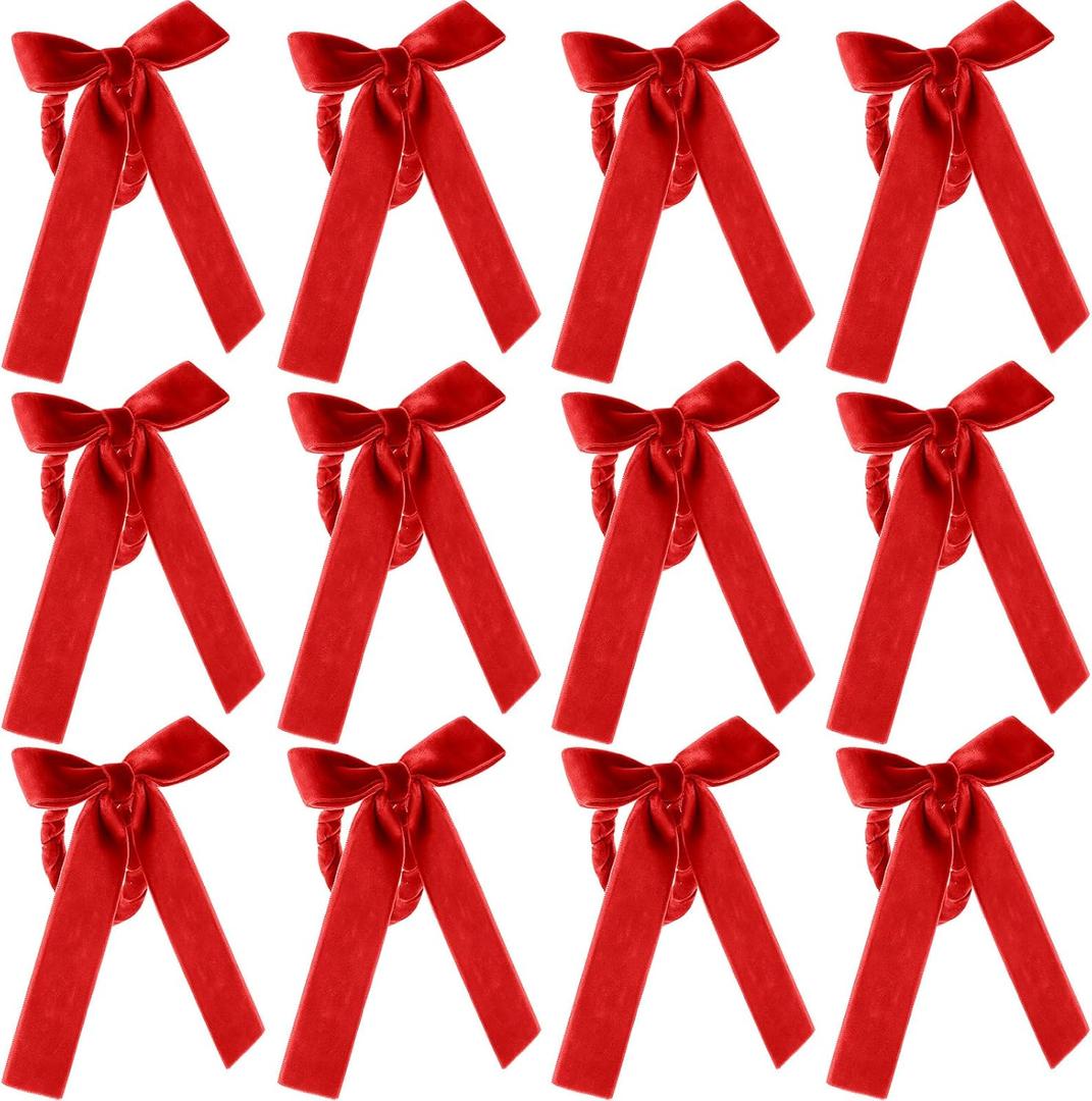 12 Pcs Christmas Napkin Rings Bow Velvet Napkin Holders Buckle for Wine Bottles Xmas Candlestick Holiday Birthday Party Anniversary Dinner Wedding Dining Table Decoration(Red)