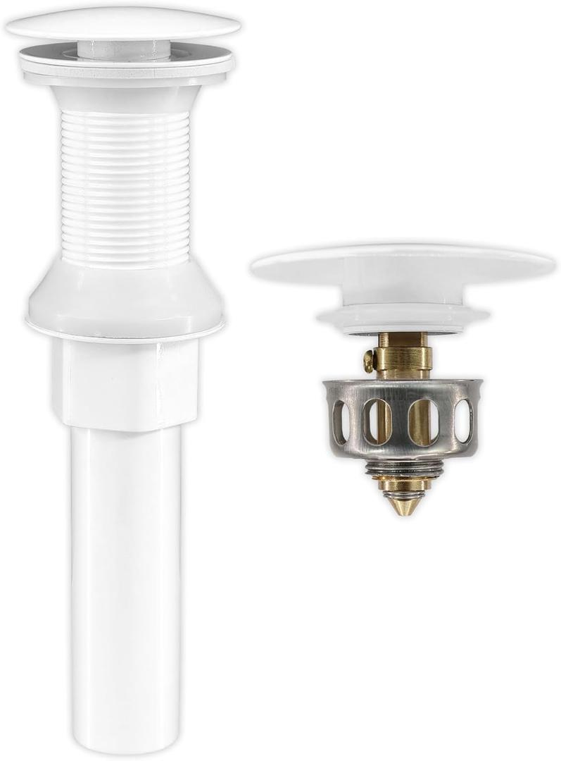 Bathroom Sink Drain,Drain Stopper Bathroom Sink Without Overflow,Pop Up Drain Assembly with Detachable Strainer Basket,Built-in Anti-Clogging, Stainless Steel Nut White (White-big Cap)