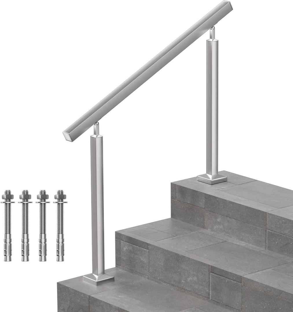 Outdoor Stair Handrail for 3 Steps, Heavy Duty 304 Stainless Steel, 660 lbs Capacity, Adjustable Angle, Square Modern Handrail for Front Porch & Steps - 39 inch