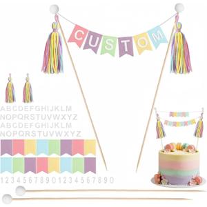 Breling 90 Pcs Custom Cake Banner Topper Set, Personalized Handmade Flag Banner Wooden Poll Alphabet Number for Birthday Wedding DIY Cake Decoration Anniversary Party Supplies(Macaron Color)