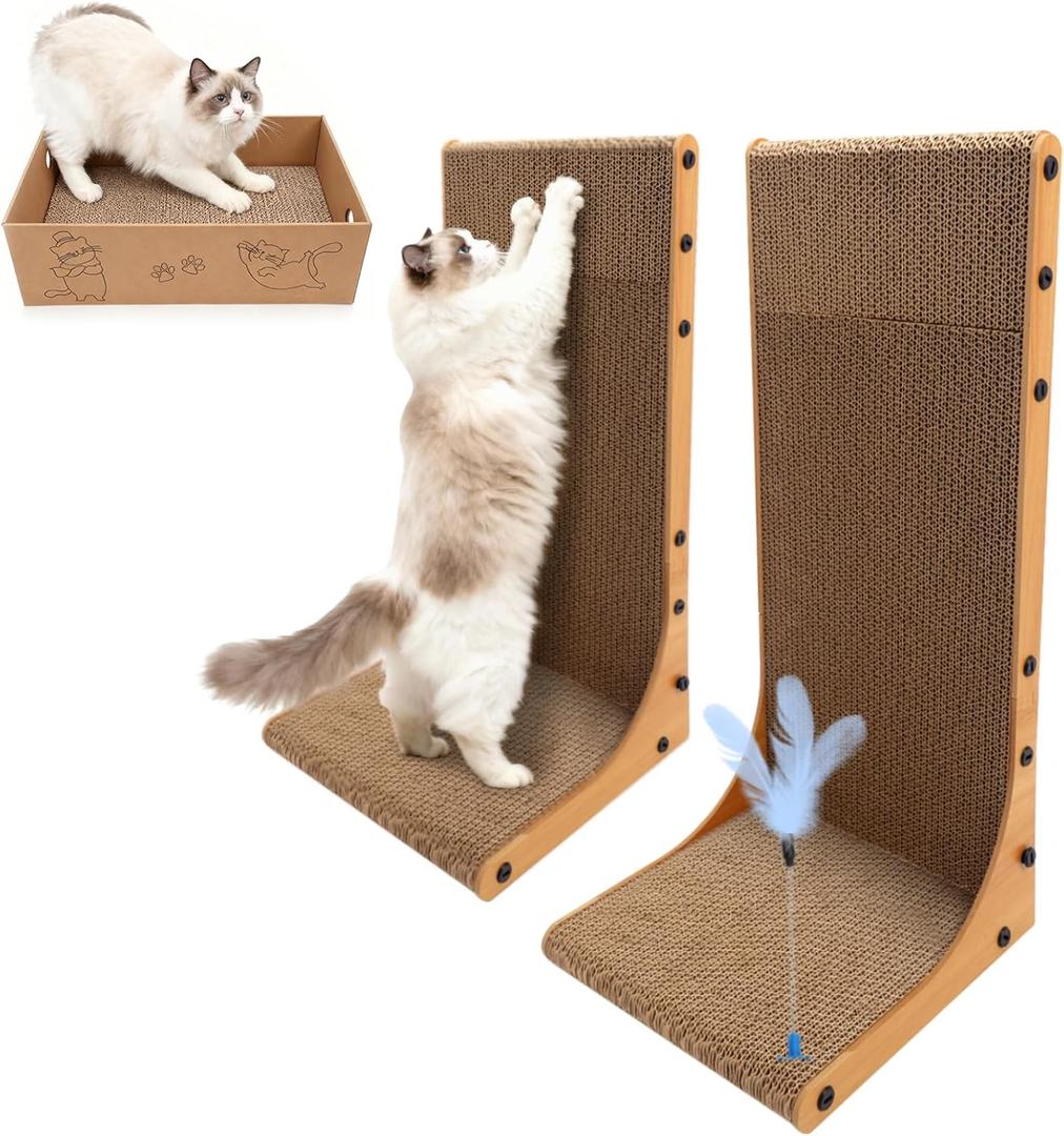 Cat Scratching Post, 3-in1 Scratching Board for Indoor Cats, 2PK 22in L-Shaped Cat Scratcher with 1PK Cardboard Box Scratch Pad, Cats Scratch Furniture Protector with Feathered Toy