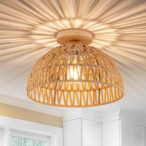 Boho Rattan Ceiling Light Fixtures Boho Lamp Shade Flush Mount Ceiling Light Hand-Woven Small Chandelier Wooden Base Chandelier Light for Hallway Bedroom Kitchen Nursery