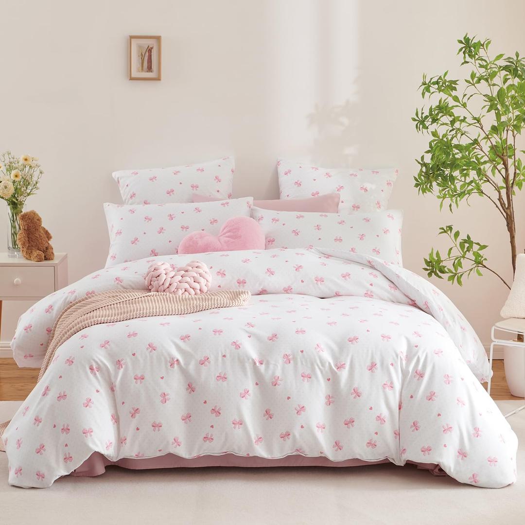 Nayoroom Pink Bow Comforter Set Queen Size Heart Bowknot Printed Coquette Bedding Set 3 Pcs Kids Girls Cute Comforter for All Seasons (1 Comforter, 2 Pillow Shams)