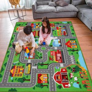 Kids Carpet Playmat Rug 59"x39.4", Car Rug for Kids Cars, Non-Slip Town City Road Map Kids Rugs for Playroom Bedroom Boys, Kids Cars Play Mat Track Road Rugs for Kid(59X39.4Inch,Green)