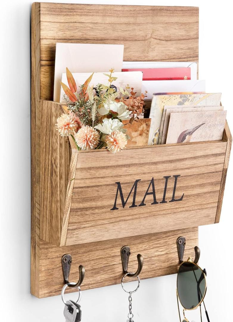 DLQuarts Mail Organizer with Key Holder for Wall Decorative Mail Sorter Wall Mounted, Wooden Mail Holder with 3 Hooks, Carbonized Brown