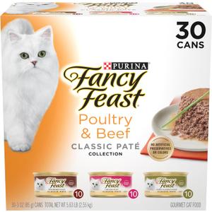 Fancy Feast Poultry and Beef Feast Classic Pate Collection Grain Free Wet Cat Food Variety Pack - (Pack of 30) 3 oz. Cans, Best By: 07/2027