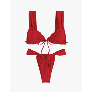 Women's Two Piece Swimsuits Frill Trim Tie Front Bathing Suit Wide Straps High Cut Sleeveless Bikini Sets, size M