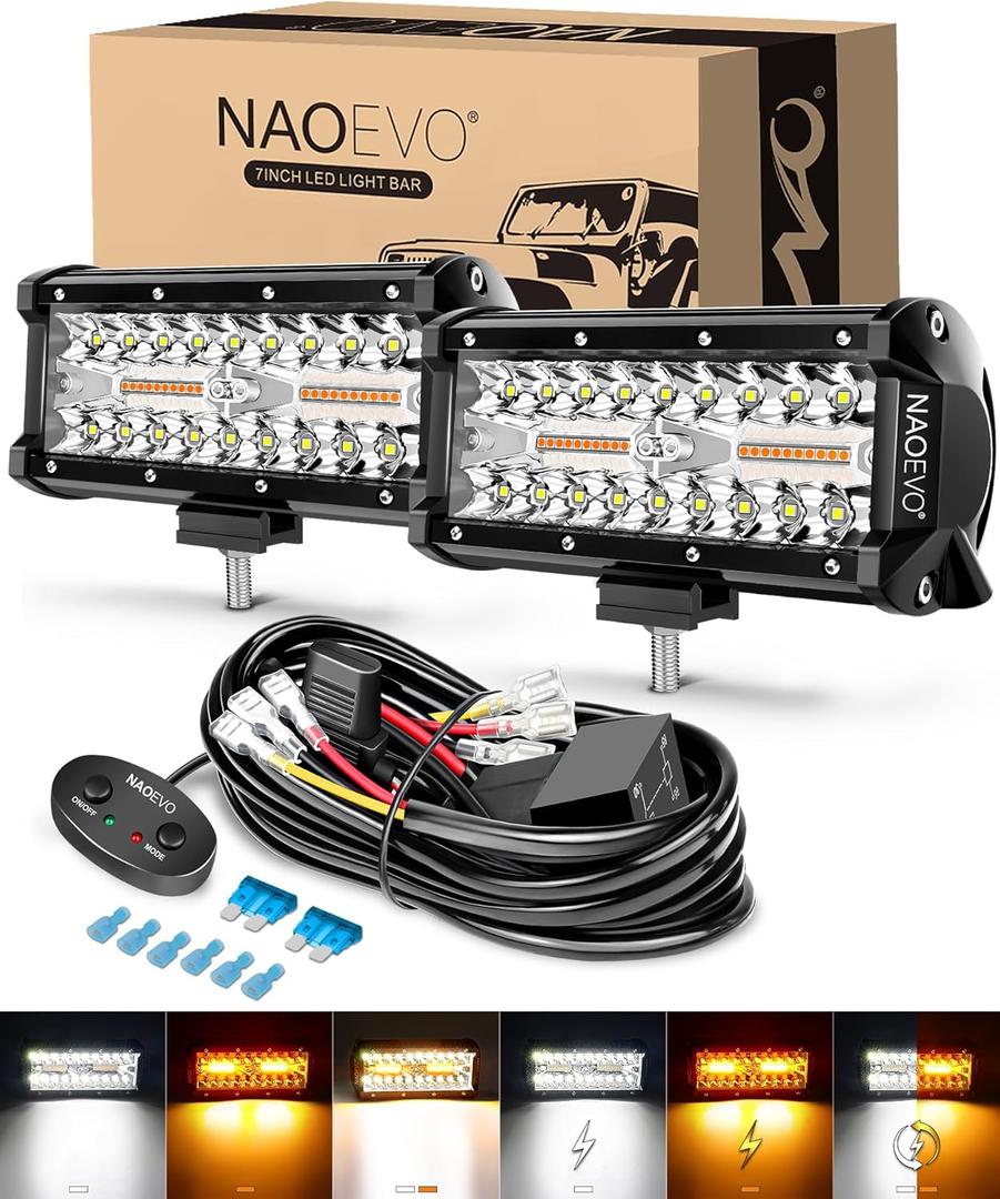 NAOEVO 7 Inch LED Light Bar, White Amber Offroad Fog/Driving Lights LED Pods with Strobe/Memory Function, 2 Leads Wiring Harness Included, Work for Truck Boat ATV UTV, 2-Pack (6 Modes) NAOEVO 7 Inch LED Light Bar, White Amber Offroad Fog/Driving Lights LED Pods with Strobe/Memory Function, 2 Leads Wiring Harness Included, Work for Truck Boat ATV UTV, 2-Pack (6 Modes)
