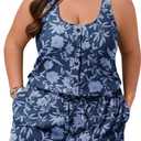 Summer Mae Plus Size Swim Romper for Women One Piece 2026 Modest Swimsuit | Bathing suit,Button design,Adjustable tie at waist,Side pockets,Tummy control,Adjustable shoulder strap,Blouson,Beach,Pool (Blue) 20Plus