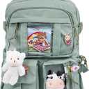 Kawaii Backpack for Girls, Cute Aesthetic Backpack with Pin Accessories Plush Pendant for School Girl Bookbag (Green)