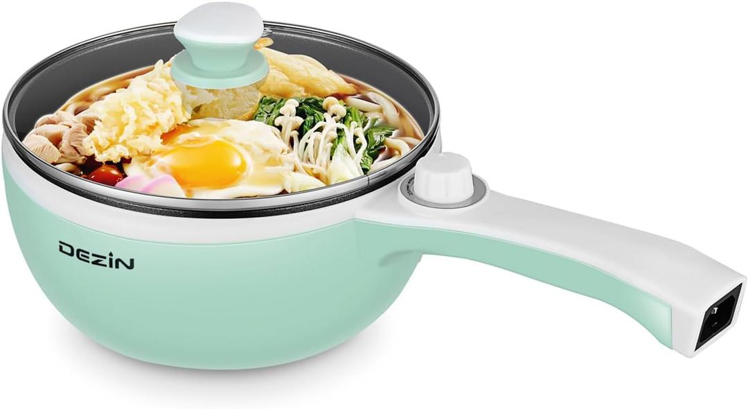 Dezin Hot Pot Electric Upgraded, Non-Stick Saut Pan, Rapid Noodles Electric Pot, 1.5L Mini Portable Hot Pot for Steak, Egg, Fried Rice, Ramen, Oatmeal, Soup with Power Adjustment (Green)
