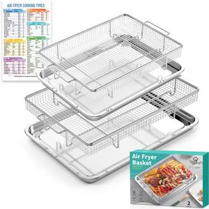 Air Fryer Basket for Oven, 25% Thicker, OPENICE 2 Set Oven Air Fryer Basket and Tray with Magnetic Cheat Sheet, Stainless Steel Air Fryer Pans and Crisper Tray for Convention (15.4"11.0" & 13.4"9.7")