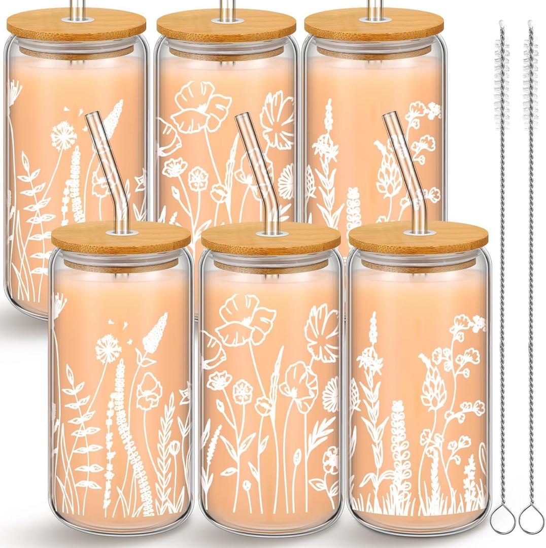 Bokon 6 Pcs Floral Iced Coffee Cups with Bamboo Lids and Straws 16 oz Mother's Day Gift Wildflower Glass Cup for Women Flower Drinking Glass Bottle with Cleaning Brush Birthday Bridesmaid Party Gift