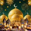 2 x Eid Mubarak Backdrop 70.8x43.3 inch, Ramadan Mubarak Banner for Muslim Ramadan Kareem Party Decorations, Eid Mubarak Background for Home Eid Al Fitr Party (Green and Gold)