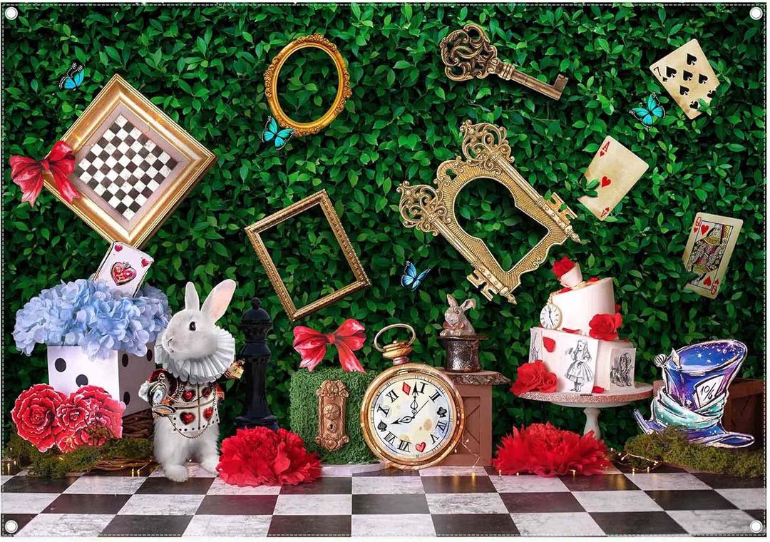 7x5ft Fabric Wonderland Enchanted Tea Party Photography Backdrop Kids Fairy Tale Green Grass Birthday Background Checkerboard Rabbit Photo Tapestry Props