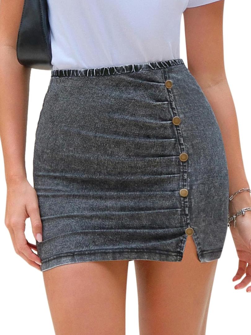 EXLURA Women's Mini Denim Skirt High Waisted Stretchy Jean Skirts with Slit Trendy Casual Slim Fit Short Skirts (Grey) L