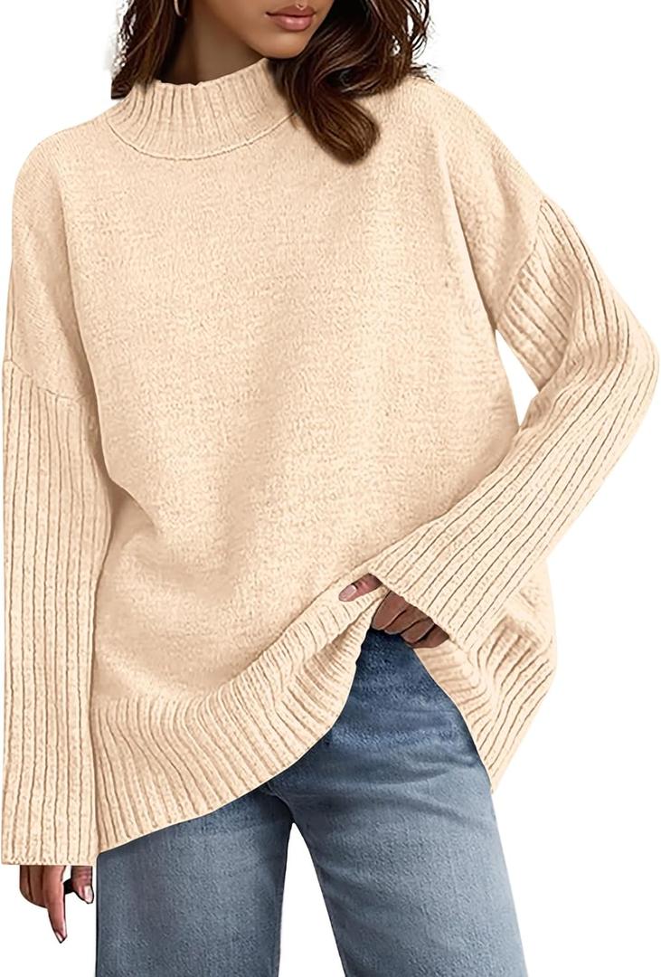 PRETTYGARDEN Casual Long Sleeve Oversized Sweaters for Women 2026 Loose Mock Neck Pullover Sweater Ribbed Knit Fall Clothes (Small, Beige)