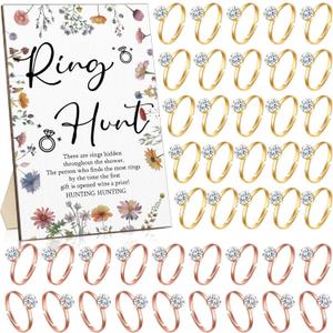 Bucherry Bridal Shower Games with Rings Funny Hunt Games Sign Wooden Game Sign and 100 Mini Plastic Fake Rings with Diamond for Bride Shower Game Wedding Winner Gifts Party Favors (Daisy)