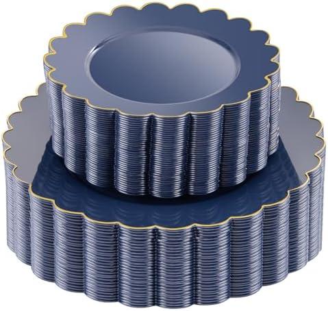 LIYH 60 Pcs Navy Blue Plastic Scalloped Plates with Gold Rim, Dark Blue Disposable Plates for Party Included 30 Dinner Plate 10.25 Inch, 30 Dessert Plate 7.5 Inch Elegant Dishes Tableware