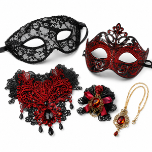 Red and Black Masquerade Costume Accessories Set, Venetian Lace Mask, Choker Necklace and Pendant for Halloween Carnival Party