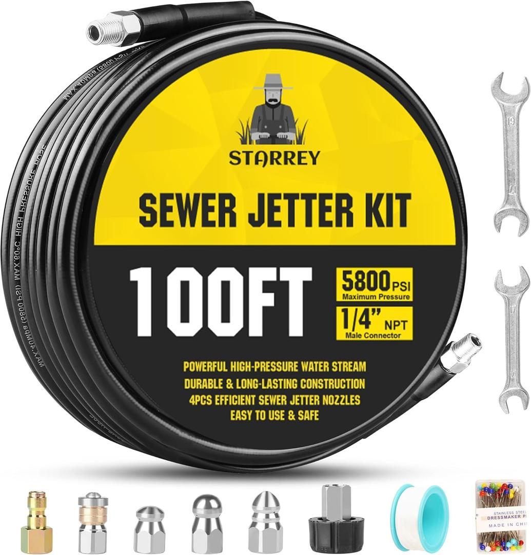 Pressure Washer Drain Jetter  Sewer Jetter Kit for Pressure Washer 100ft 1/4 Inch NPT Hose Nozzles and Adapter 5800PSI Clears Clogs in Pipes & Sewer Lines