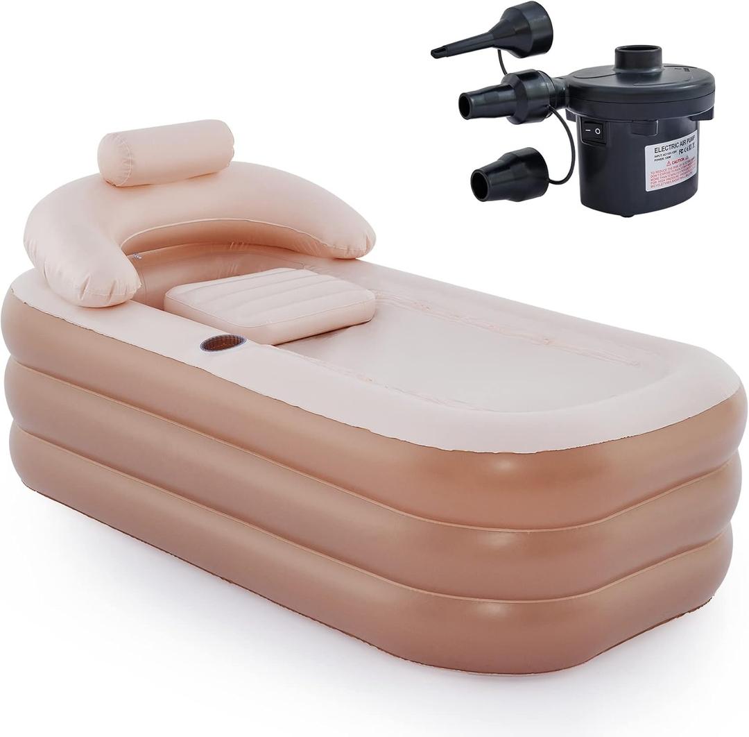 CO-Z Inflatable Bathtub with Electric Air Pump and Bath Pillow Headrest, Portable Blow Up Bath Tub for Adults, Outdoor & Indoor Freestanding Foldable Spa Tub with Cover Drainage Cup Holder, Brown