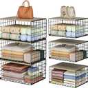 Extra-Long, Low-Profile Closet Organizers and Storage with Wood Top, 3 Pack Stackable Closet Shelf Organizer, Space-Saving Clothes Storage Bin for Wardrobe & Bedroom & Small Spaces, Sturdy Metal Black