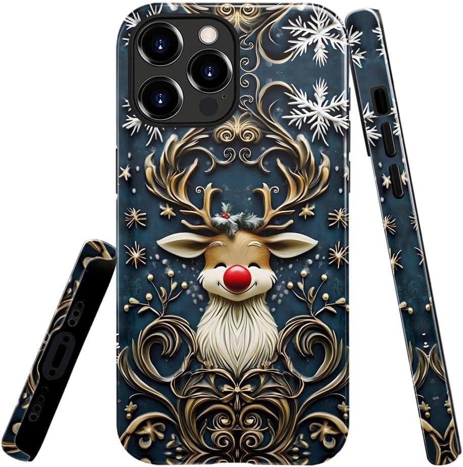 Generic Case Compatible with iPhone 15 Pro Max,Scratch Resistant Hybrid 2-Layer Hard Shell Bright Phone Case,Christmas Snowflake Reindeer Lovely