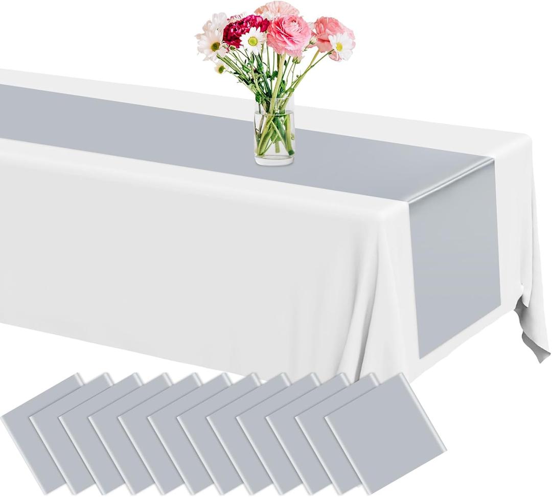 Lonfliness 12 Pack Plastic Table Runner 14 X 108inch Silver Long Premium Table Runner Disposable Silver Tables Runners for Dinner Tables Decor for Wedding Graduation Birthday Party Decorations