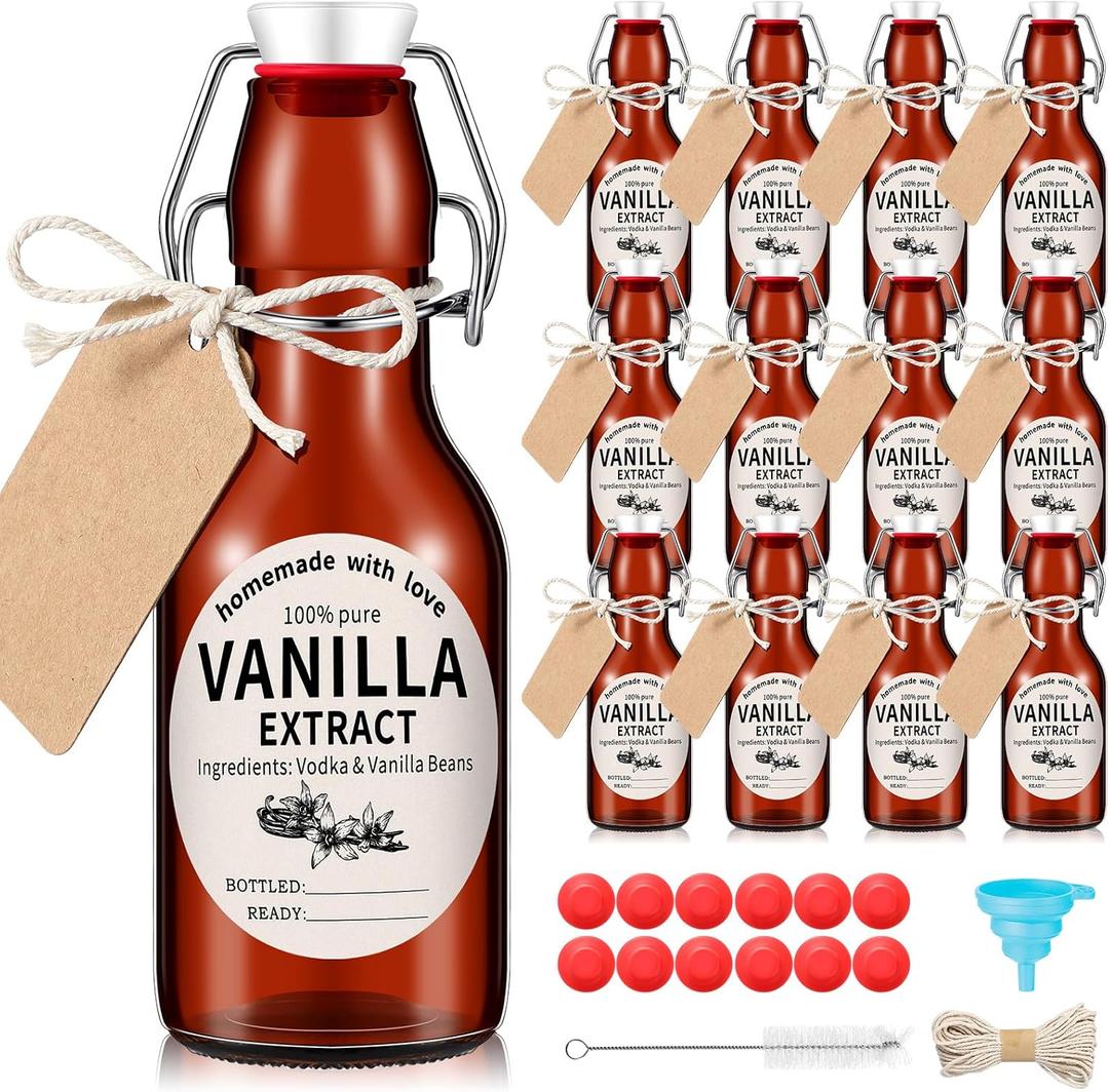 Vesici 12 Sets Swing Top Glass Bottles Set Amber Homemade Vanilla Extract Bottles with Stoppers Stickers Caps Jar Brush Funnel Rope Labels Vanilla Extract Jars for Holiday DIY Crafts (6.6 oz)
