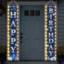 Breling Happy Birthday Banner with Lights 71 x 12 Inch LED Happy Birthday Decoration Door Banner Party Porch Sign Outdoor Indoor Hanging Supplies for Women Men(Blue Silver)