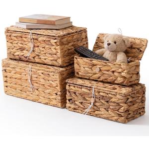 BreezeHug Set of 4 Wicker Storage Baskets with Lid Large Water Hyacinth Rectangular Rattan Basket Decorative Boxes for Shelf Home Organization