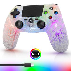 Wireless Controller for PS4, LED Backlit Controller for PS4/Pr/Slim, 1000mAh Battery, Double Shock 6Axis Motion Sensor, Builtin Speaker & 3.5mm Headphone Jack, Adjustable RGB Backlight, White